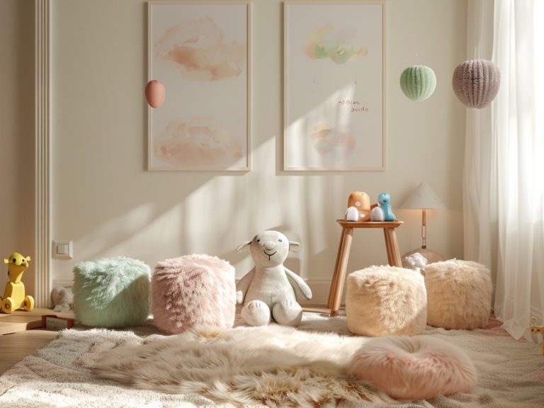 Pokój dziecięcy z pluszowym dywanem i jasnymi meblami
