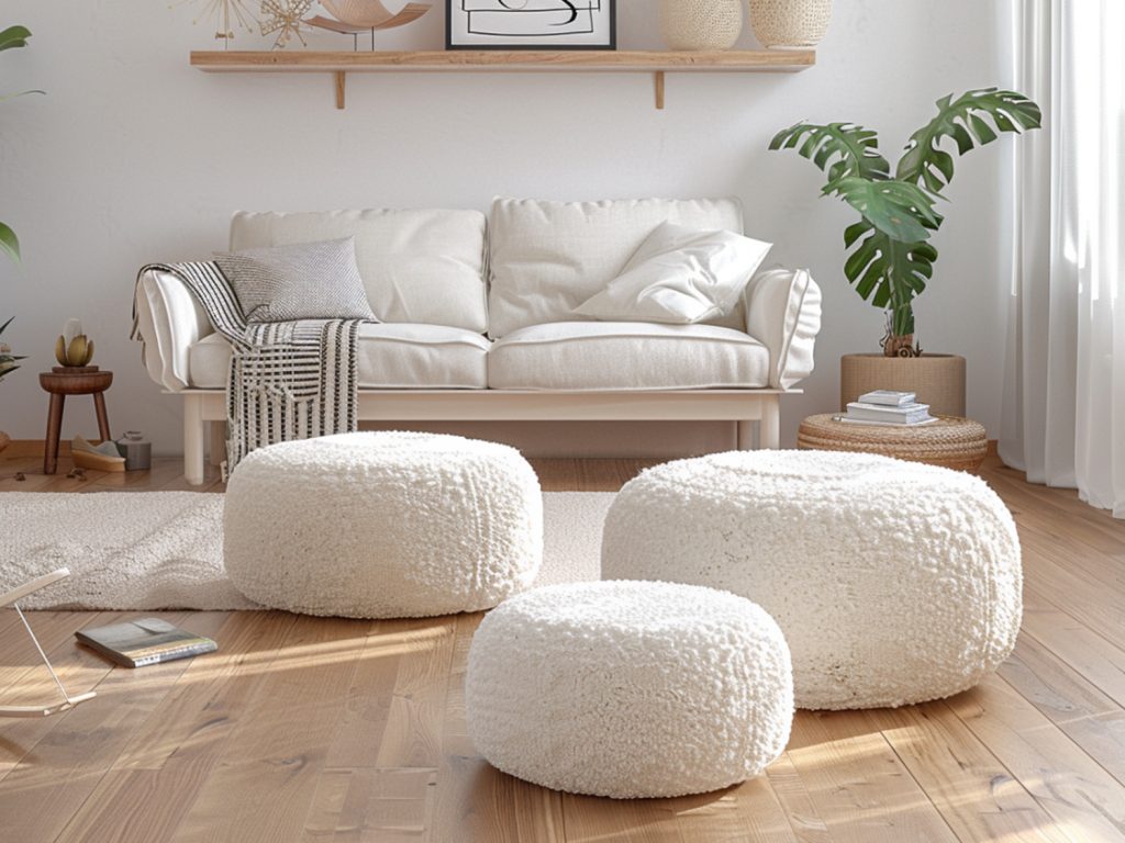 Biały wypoczynkowy fotel i pufy boucle w skandynawskim salonie