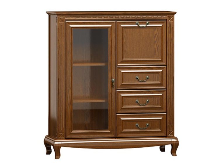 Komoda drewniana z przeszklonym frontem i trzema szufladami