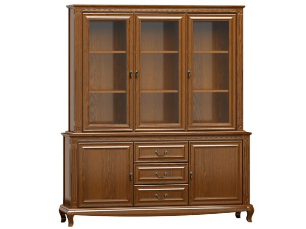 Przeszklona witryna z szufladami i dekoracyjną koroną