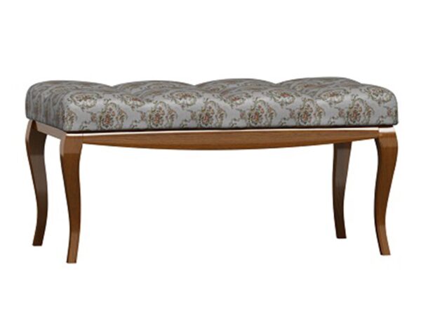 Tapicerowana ławka z giętymi nogami i wzorzystym siedziskiem