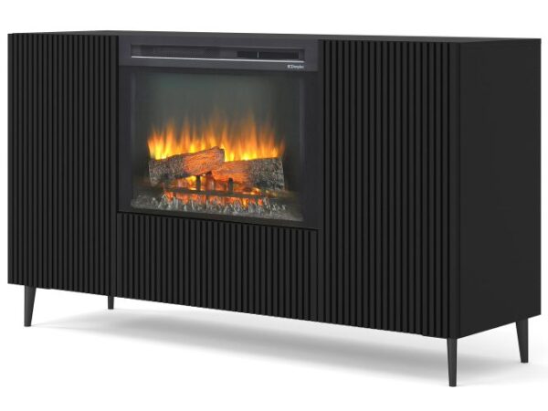 Szafka RTV z ryflowanym frontem i kominkiem LED w klasycznym czarnym wykończeniu