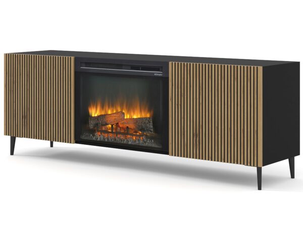 Nowoczesna szafka RTV z czarnym kominkiem i złotymi drzwiami ryflowanymi