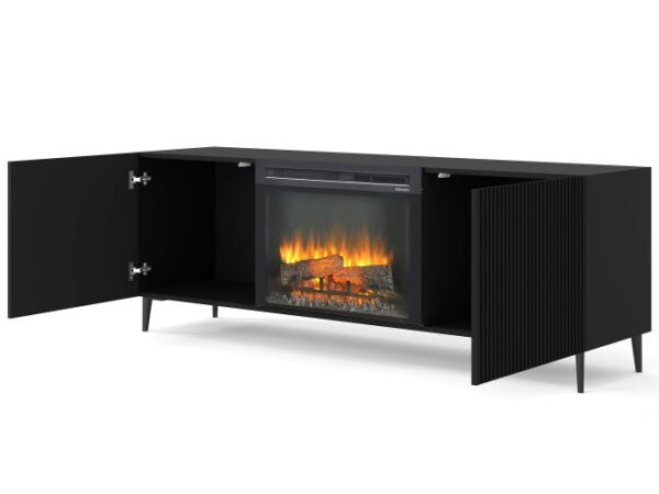 Czarna nowoczesna szafka RTV z kominkiem LED i otwartymi drzwiczkami