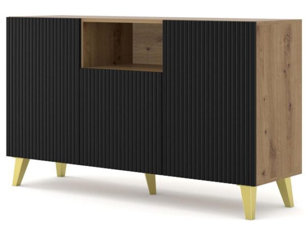 Komoda czarno-dębowa z otwartą wnęką i ryflowanymi drzwiczkami