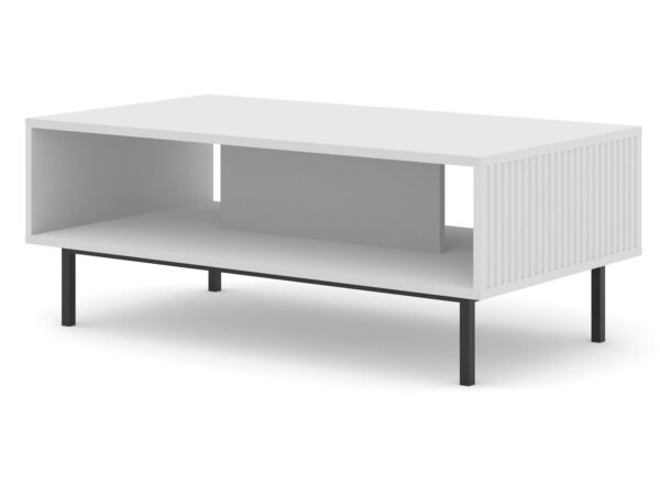 Biała ława z ryflowanym frontem i czarną nogą, styl skandynawski