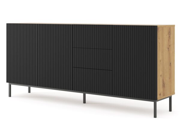 Komoda z czarnym ryflowanym frontem i smukłą sylwetką