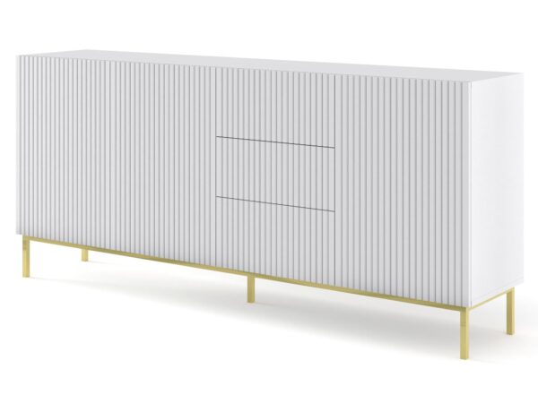 Komoda z białym ryflowanym frontem i złotą podstawą