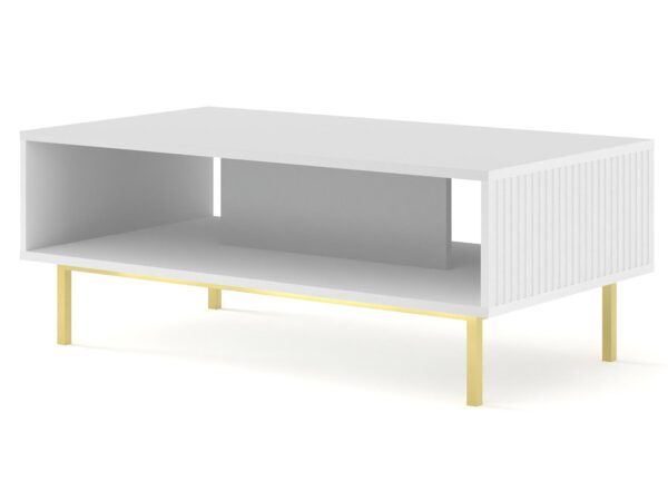 Biała ława z ryflowanym frontem i złotą nogą w stylu glamour