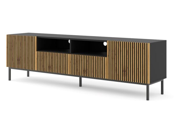 Szafka RTV z czarnym wnętrzem i otwieranymi ryflowanymi frontami