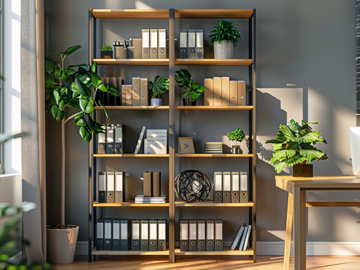 Regał w stylu industrialnym z oświetleniem LED i roślinami