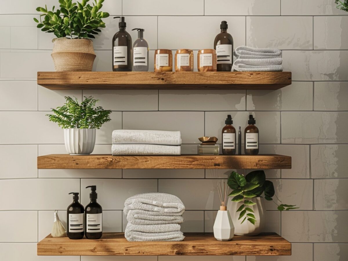 Drewniane półki z ręcznikami i kosmetykami w łazience w stylu eko