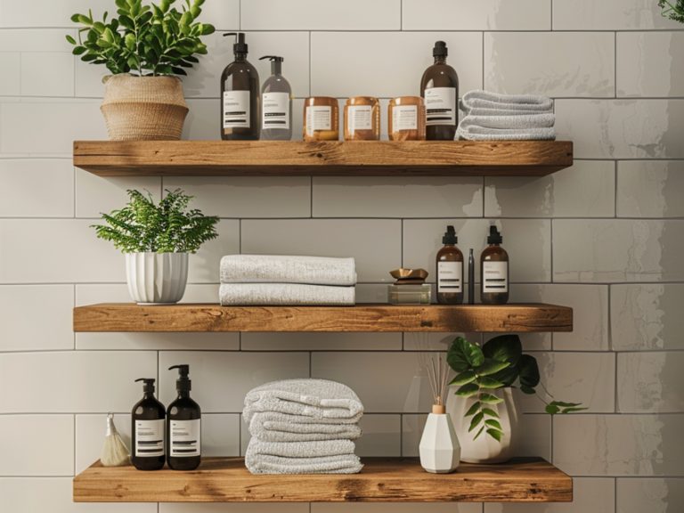 Drewniane półki z ręcznikami i kosmetykami w łazience w stylu eko