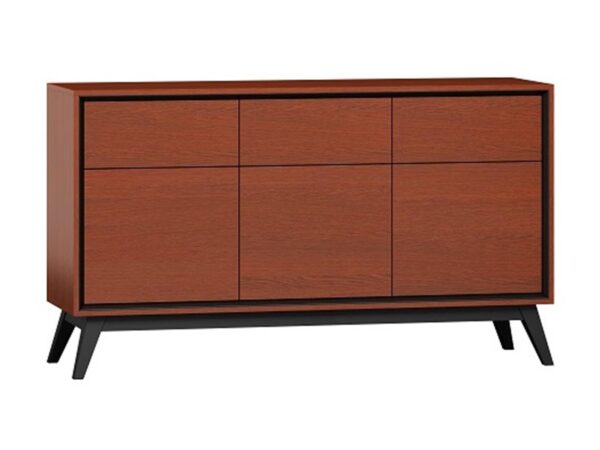 Szeroka komoda z drewna z czarnymi nogami i trzema szufladami