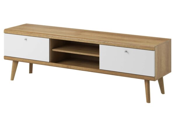 Biała szafka RTV z otwartą wnęką i dębowym wieńcem, styl minimalistyczny