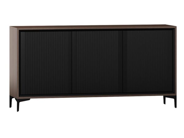 Długa szafka RTV w stylu loft z czarnymi panelami przesuwanymi