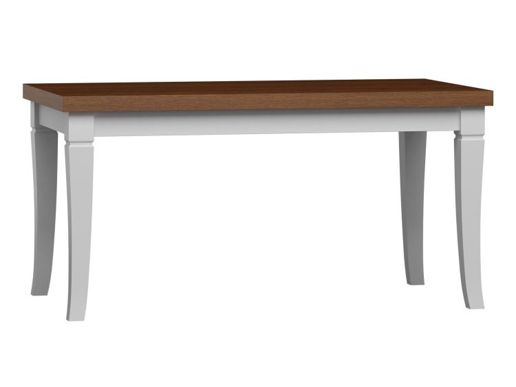 Zbliżenie na nowoczesny stół z drewnianym blatem i białymi nogami