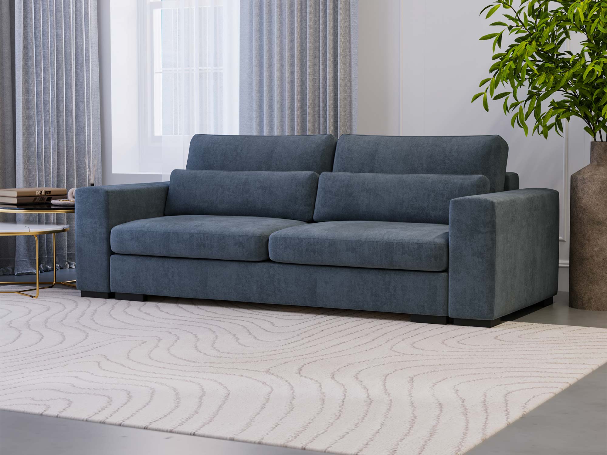 Grafitowa sofa z wysokim oparciem i minimalistycznym designem