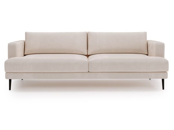 Jasnobeżowa sofa z cienkimi podłokietnikami w nowoczesnym stylu