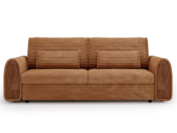 Rdzawa sofa z delikatnie zaokrąglonymi bokami
