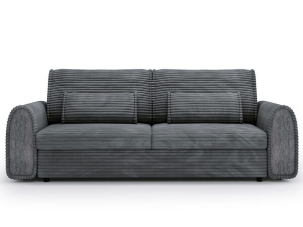 Tapicerowana sofa w odcieniu grafitowym z prostą konstrukcją