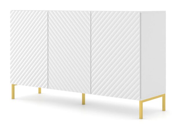 Biała komoda z ryflowanym wykończeniem i złotymi detalami – elegancka prostota