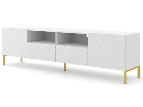 Szafka biała z podziałem na dwie sekcje i złotymi nogami – modern classic
