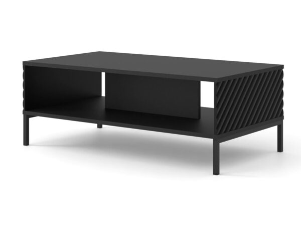 Czarny stolik kawowy z ryflowanym bokiem i czarną nogą – nowoczesna prostota