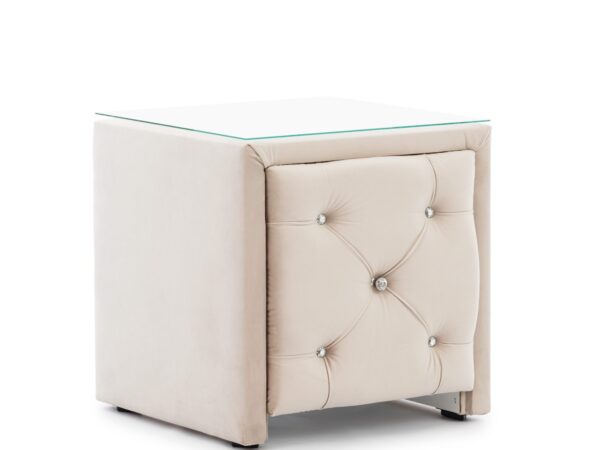 Puf beżowy z szufladą i ozdobnym frontem w stylu eleganckim