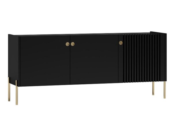 Czarna wisząca szafka z ozdobnymi złotymi uchwytami i ryflowanym wykończeniem.