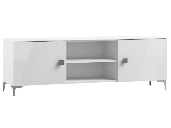 Minimalistyczna biała szafka RTV z otwartą półką