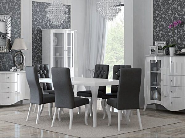 Biała jadalnia z prostokątnym stołem i czarnymi krzesłami