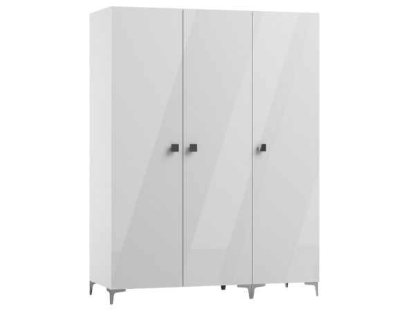 Biała trzydrzwiowa szafa z połyskiem i metalowymi nogami