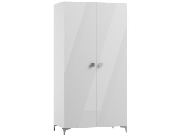 Wysoka biała szafa z połyskiem i nowoczesnymi uchwytami
