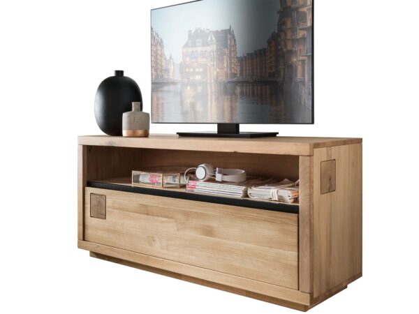 Szafka RTV z naturalnym fornirem i dwoma wnękami – styl ekologiczny