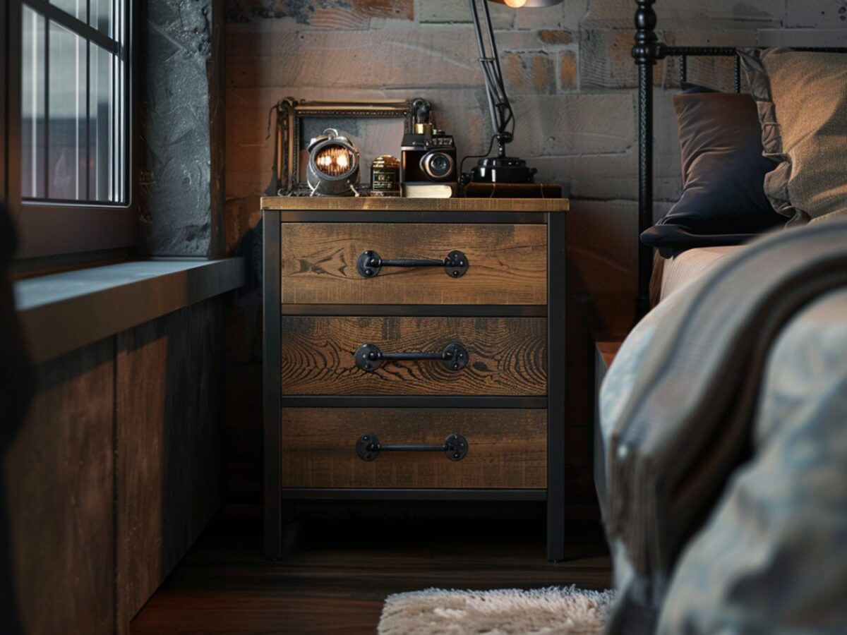 Drewniana szafka nocna z metalowymi uchwytami w stylu industrialnym