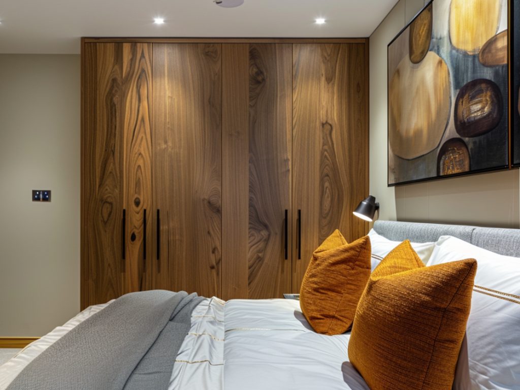 Drewniana szafa z pionowym układem forniru w nowoczesnej sypialni