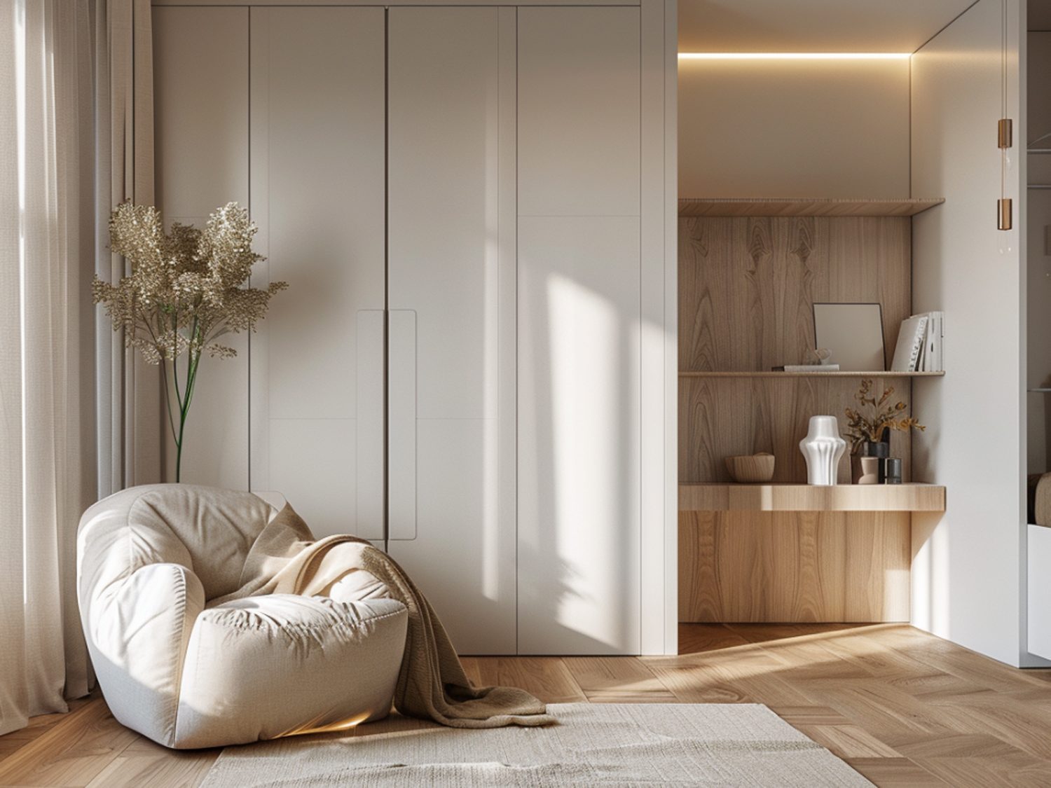 Szafa z białymi drzwiami przesuwnymi w minimalistycznej sypialni