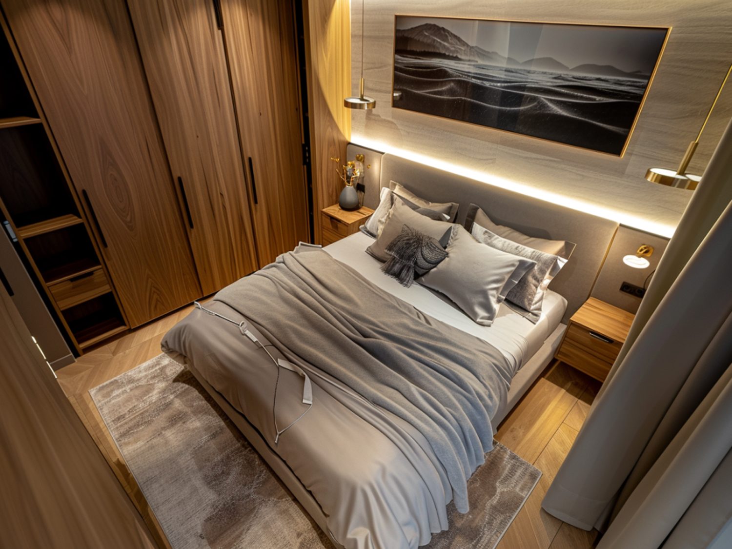 Tapicerowane łóżko z drewnianymi panelami i półką w stylu premium