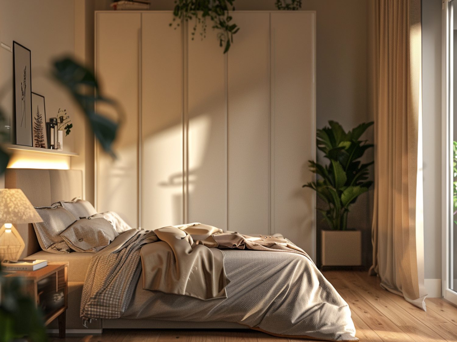 Niskie łóżko z jasną pościelą i naturalnym światłem w sypialni boho