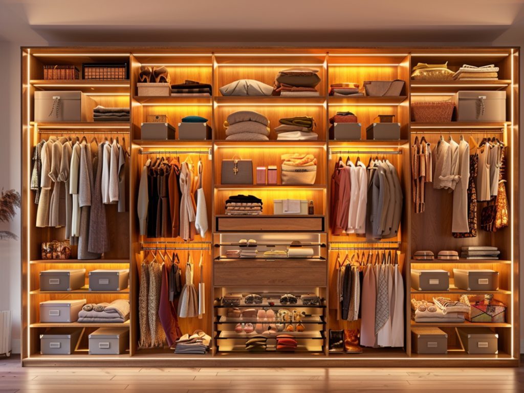 Garderoba z podświetleniem LED i półkami w nowoczesnej sypialni