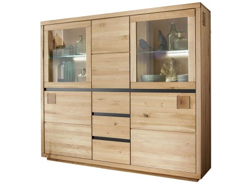 Drewniany kredens z przeszklonymi frontami i szufladami – styl vintage