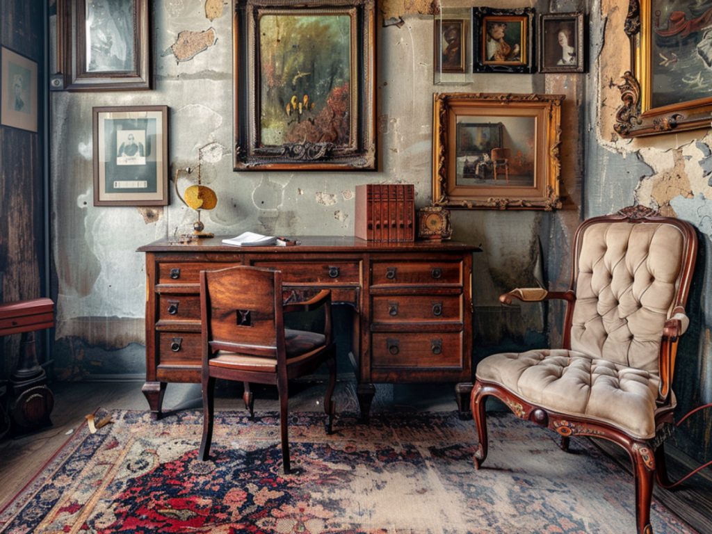 Biurko z z szufladami i akcentami na ścianie w stylu vintage