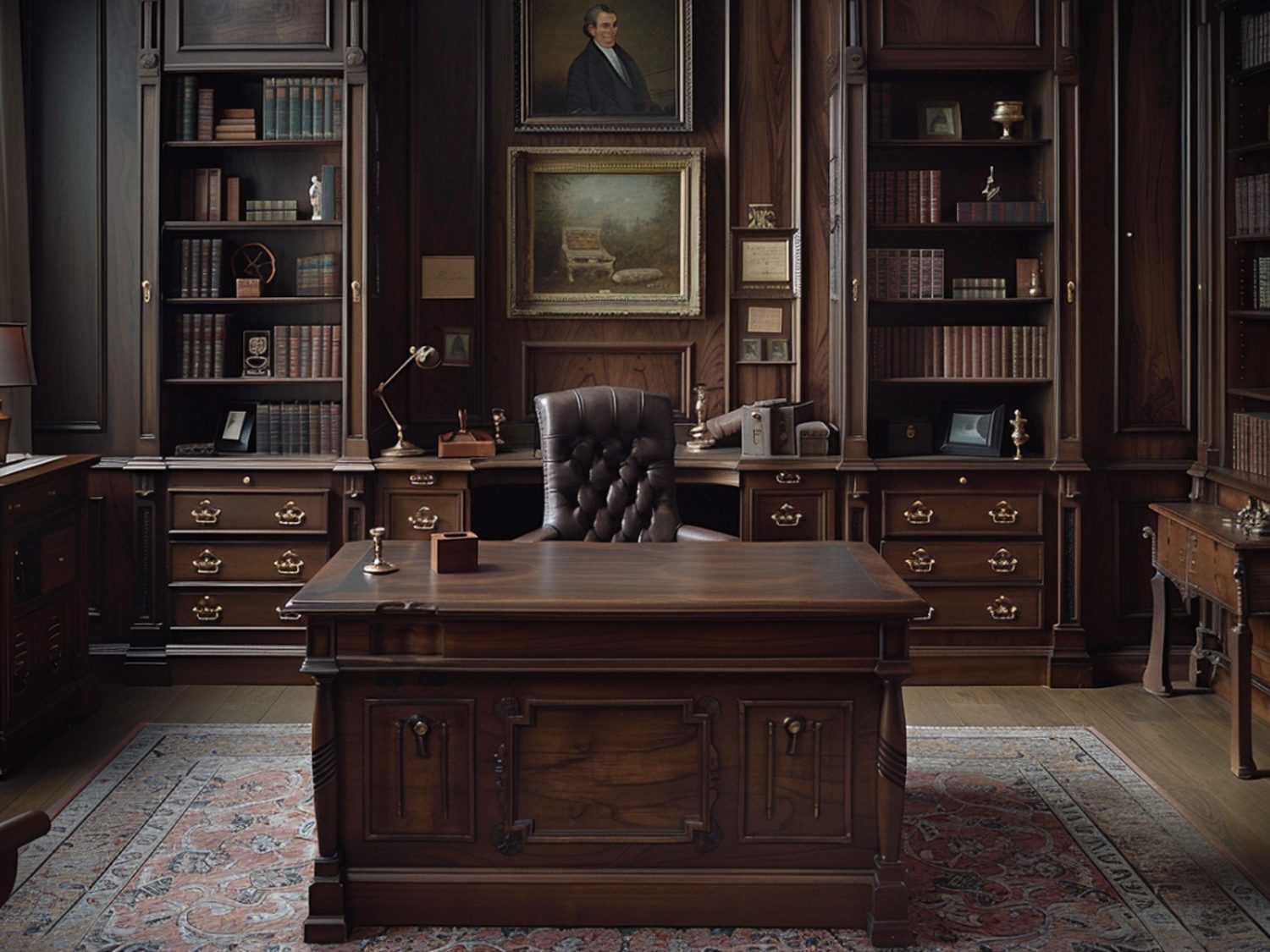 Eleganckie drewniane biurko w klasycznym gabinecie z ciemnym regałem