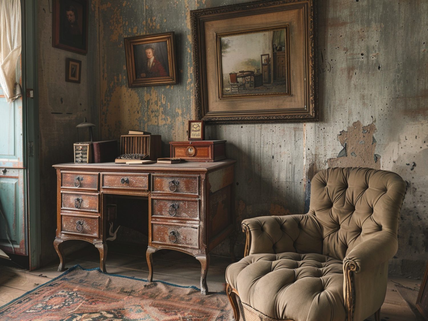 Zabytkowe biurko z szufladami i pikowanym fotelem w rustykalnym wnętrzu