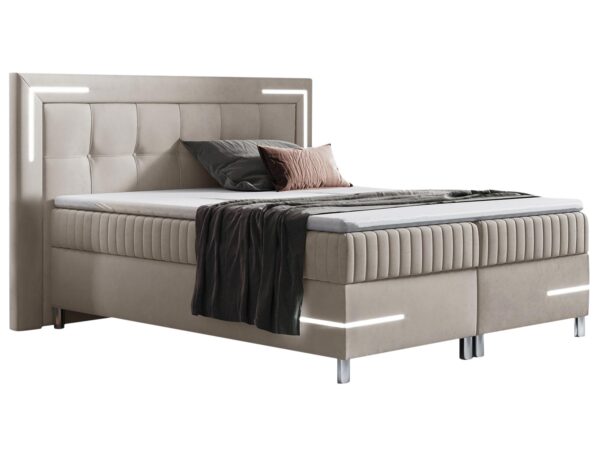 Beżowe łóżko z wezgłowiem i metalowymi nogami w stylu soft loft