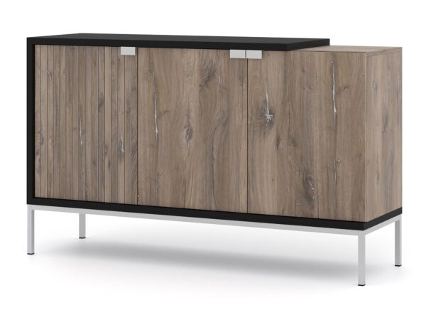 Komoda z drewnianym dekorem i czarnym blatem na metalowych nóżkach