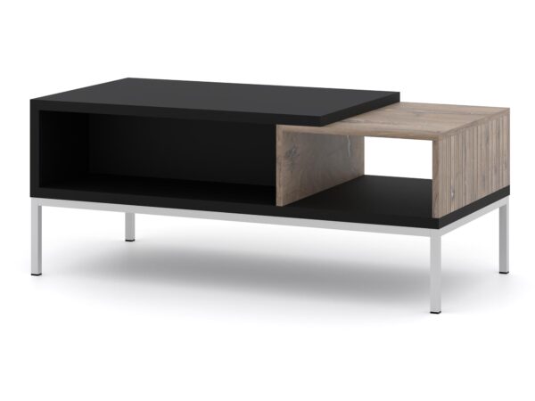 Szafka RTV z czarnym blatem i otwartą wnęką w stylu minimalistycznym