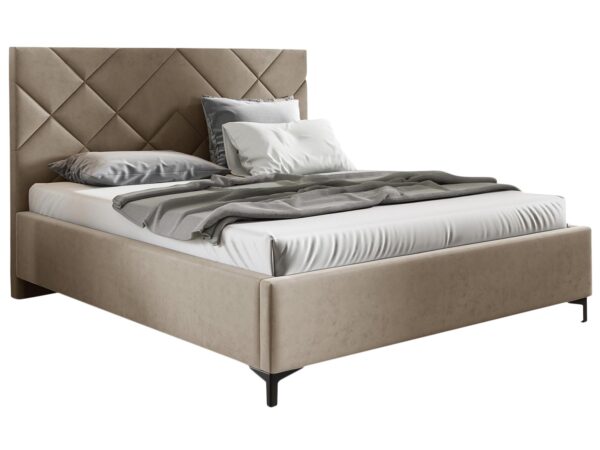 Łóżko beżowe z geometrycznym pikowaniem i metalowymi nogami