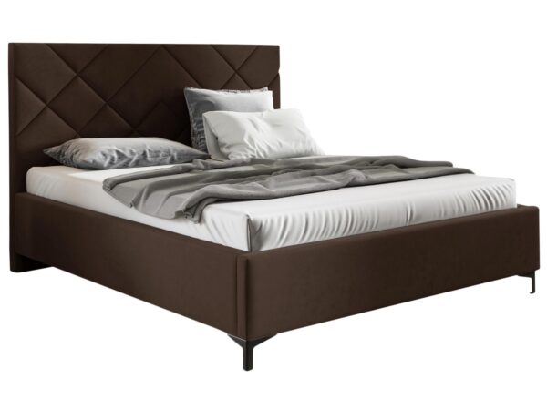 Brązowe łóżko z dekoracyjnym przeszyciem w stylu soft loft